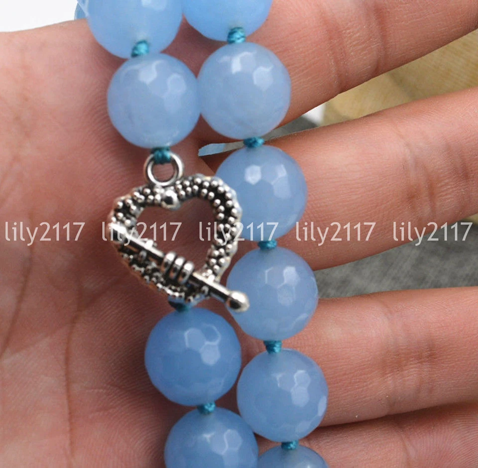 Natural Faceted 10mm Aquamarine Gems beads Necklace Tibetan silver love clasps - Image 2 of 4