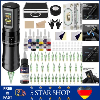 Profi Tattoo Set Wireless Rotary Pen 1800mAh 40 Nadeln 8 Tinten Künstler