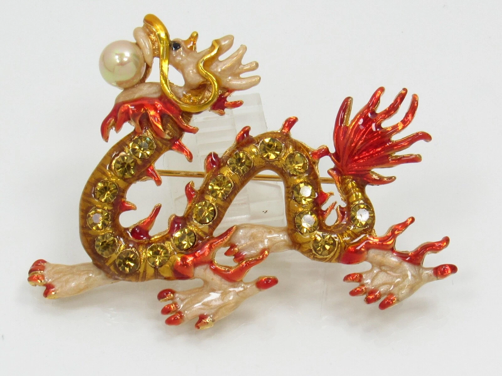 Enamel Rhinestone Jeweled Dragon Brooch Simulated Pearl