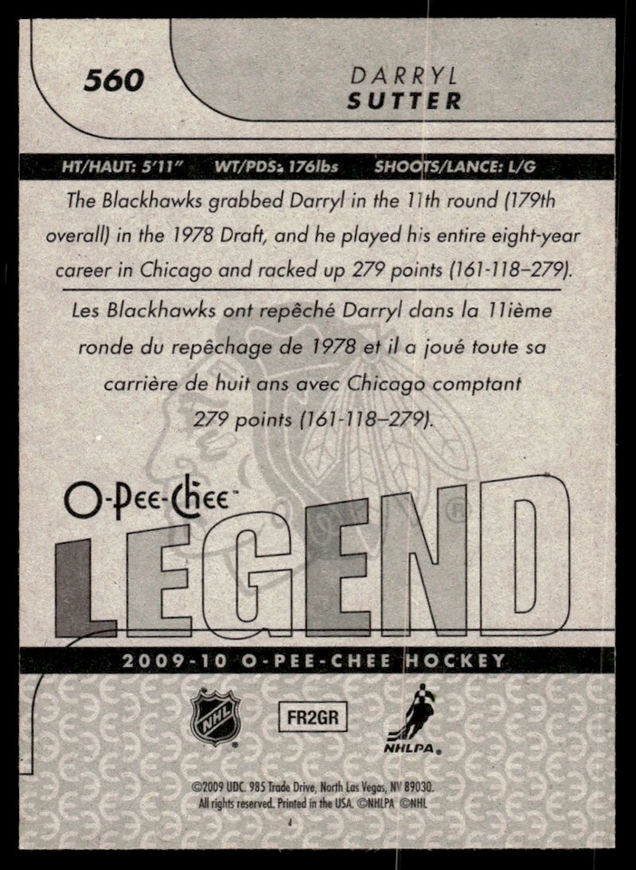 2009-10 O-Pee-Chee LEGEND RETRO Darryl Sutter Chicago Blackhawks #560 C - Image 2 of 2