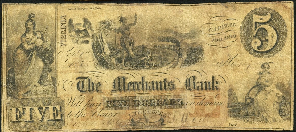 VA $5 LYNCHBURG Virginia The Merchants Bank Sept. 14, 1855 PMG VG10 VA-124 A10a - Image 4 of 4