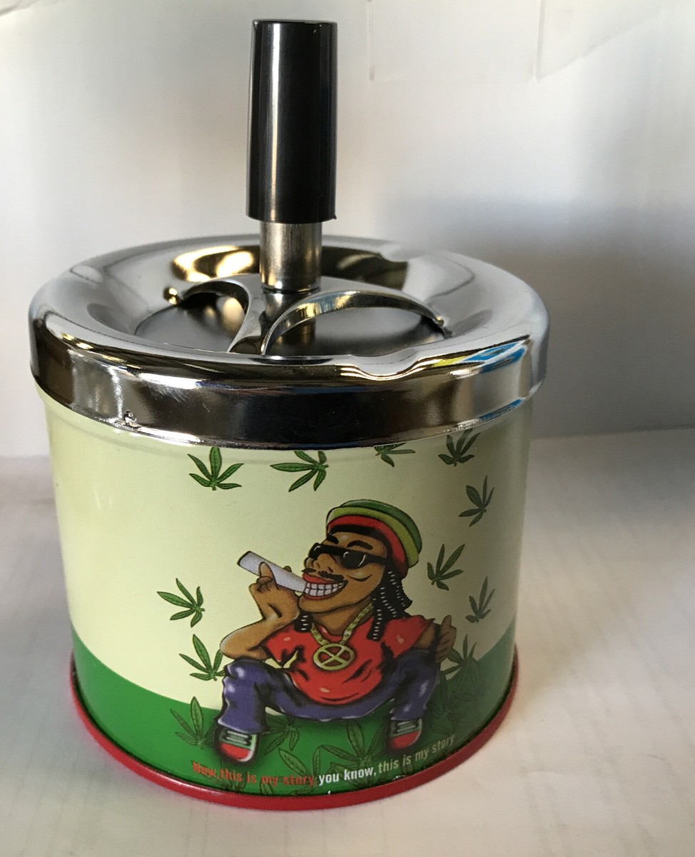 Metal Push Down Spinning Cigarette Ashtray Pot Reggae Rasta Counter Culture 