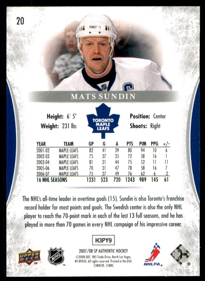 2007-08 SP Authentic Mats Sundin #20 - Image 2 of 2