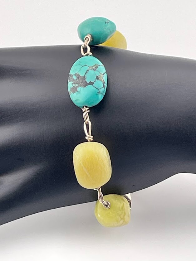 925 Sterling Silver Citrine Turquoise Bead Southwest Bracelet 8.5 Inches 3791