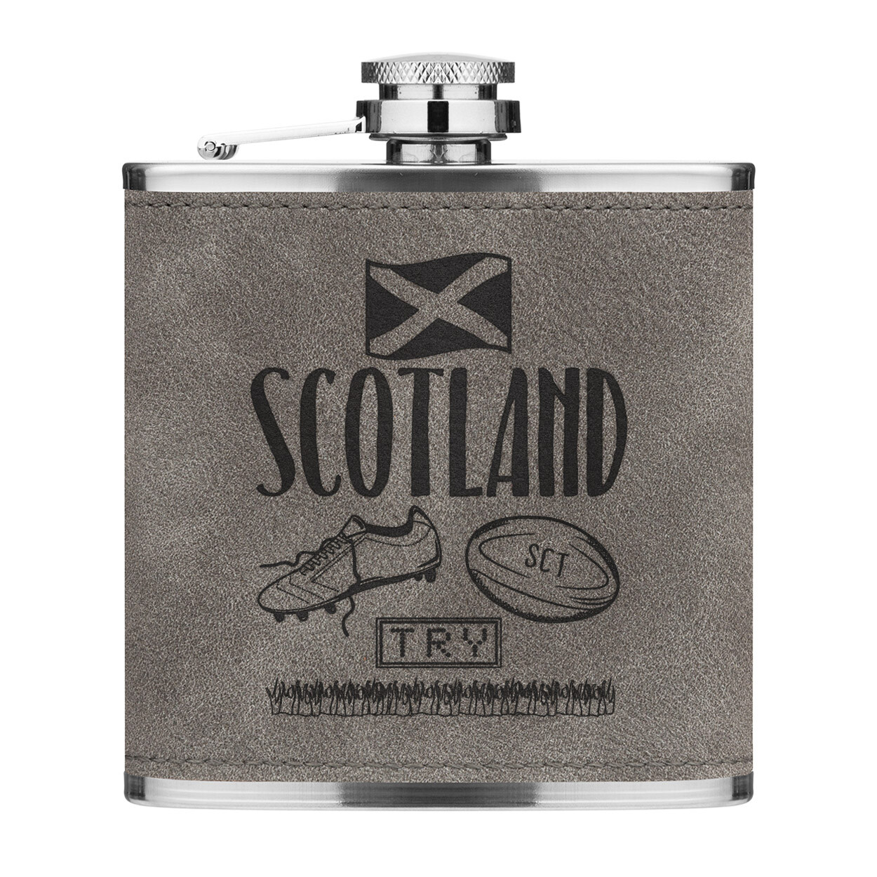 Rugby Scotland 6oz PU Leather Hip Flask Grey Funny League Union Flag