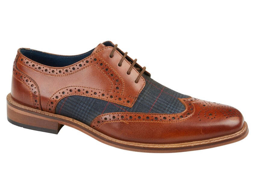 SAOLA Men ROAMERS Tan Leather Checked Textile 4 Eyelet Wing Brogue Oxford Tunit Sole