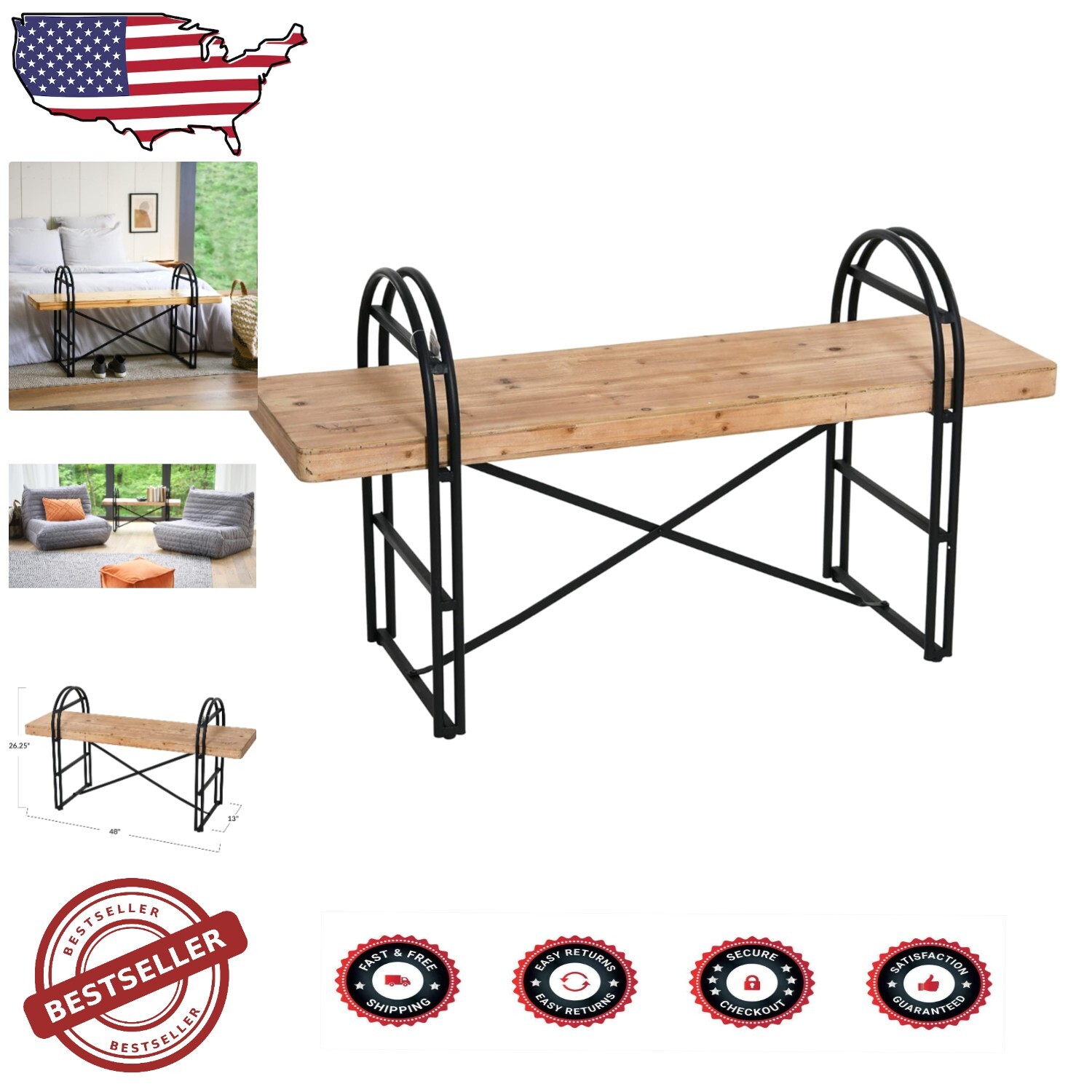 Lightweight Driftwood Bench with Durable Iron Frame for 2-Person Indoor Seating
