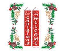 New 2 Piece Welcome  Merry Christmas Porch Banner Set - White on Red SH89