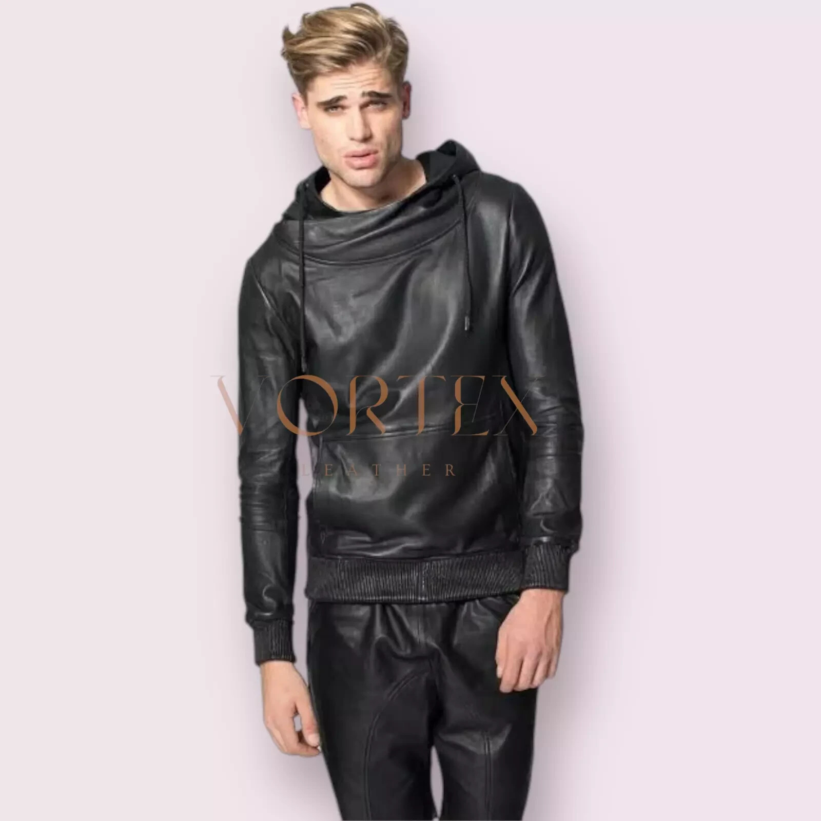 Men's Premium Black Leather Hoodie Lambskin Leather Hoodie Classic Style