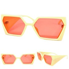 Futuristic Modern Retro Party Raver SUNGLASSES Thick Funky Cream Frame Pink Lens