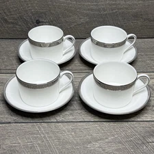 Lot of 4 Wedgwood Vera Wang Vera Lace Platinum Coffee Cup & Saucer Sets England