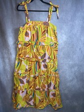 Flora Bea NYC Carey Dress Womens Large Tropical Yellow Ruffle Tie Resort