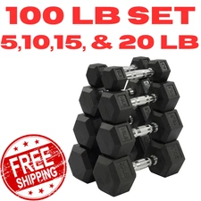 Hex Dumbbell Set Rubber-Coated Complete 100lb Heavy Set Pairs Weight Training