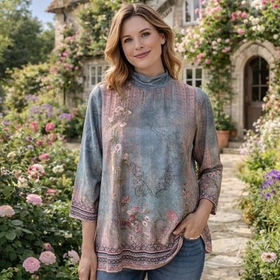 Pixie Lady Women Top Size 1X Floral Stretch Cozy Long Green Pink Casual Long Slv