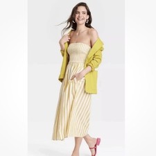 A New Day Woman's Yellow White Striped Smocked Sundress Midi Dress, Size S