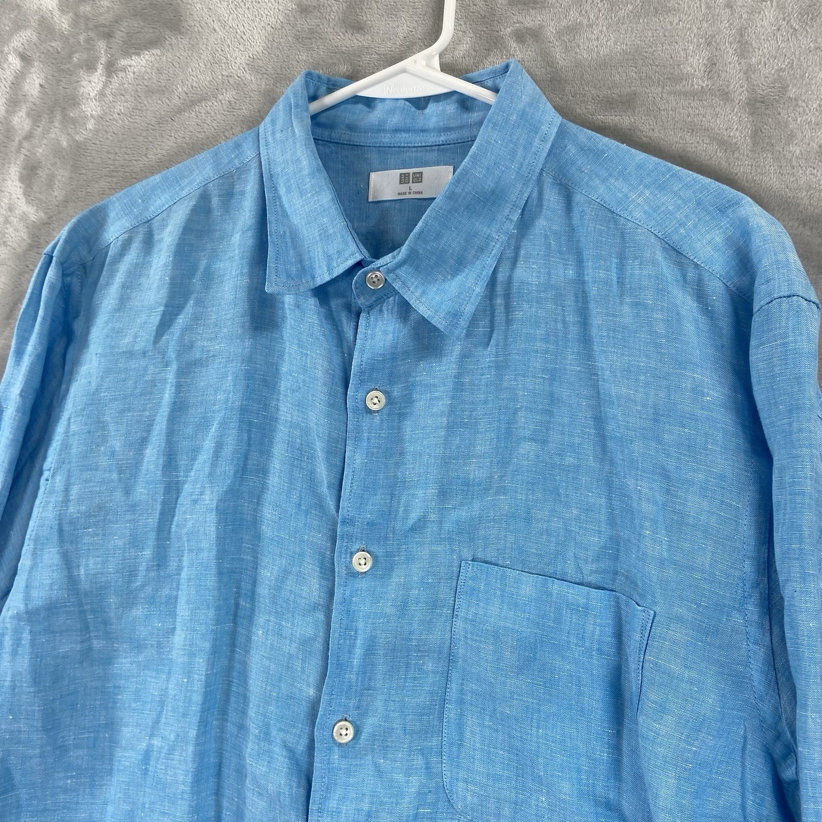 Uniqlo Shirt men's Large Button Up 100% Linen Blue Long Sleeve Casual Pocket thumbnail 2