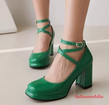 Women's Cross Strap Mary Janes Shoes Shiny Leather Dress Office Lady High Heels