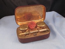 VICTORIAN TRAVELLING DOUBLE INKWELL INK POT BOX PENCIL DIP PEN NIB BRUSH SET
