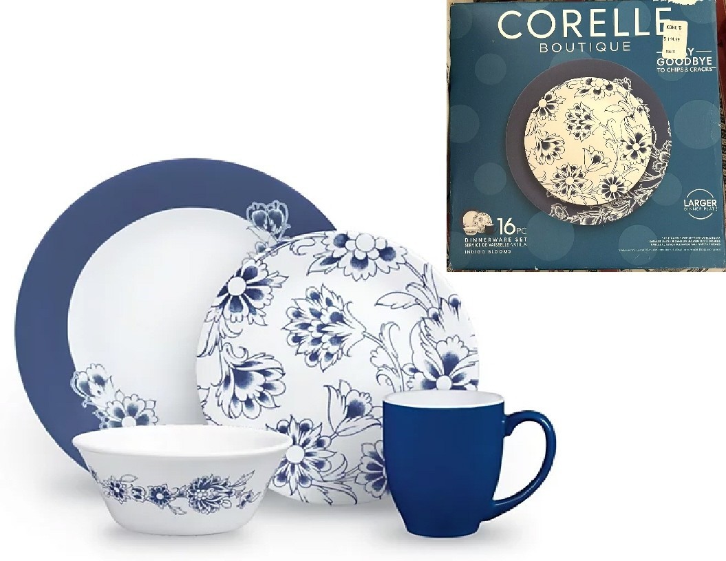 ❤️ NEW 20-pc Corelle INDIGO BLOOMS Dinnerware Set Dark Blue Band