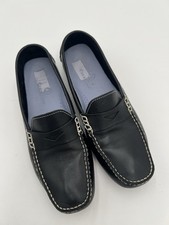 COLE HAAN Driving Shoes Loafers In Black Leather Cream Topstitch Size 8 AA EUC