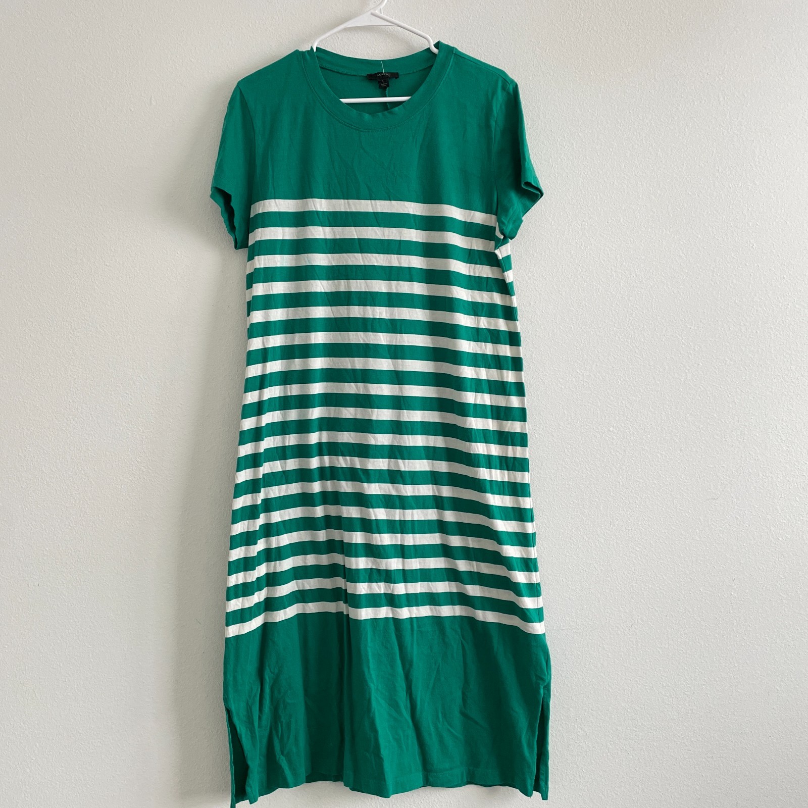 J Crew Dress Women L Kelly Green Striped Maxi Crew Shift Beach Coastal Cotton