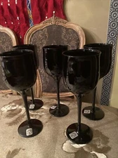 Set Of 5 Townecraft  Mouth Blown Black Crystal Wine Glasses 8" Korea