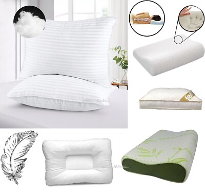 Bed Pillows Stripe Microfiber Feather Memory Foam Firm Quilted Pillows ALL  TYPES UK