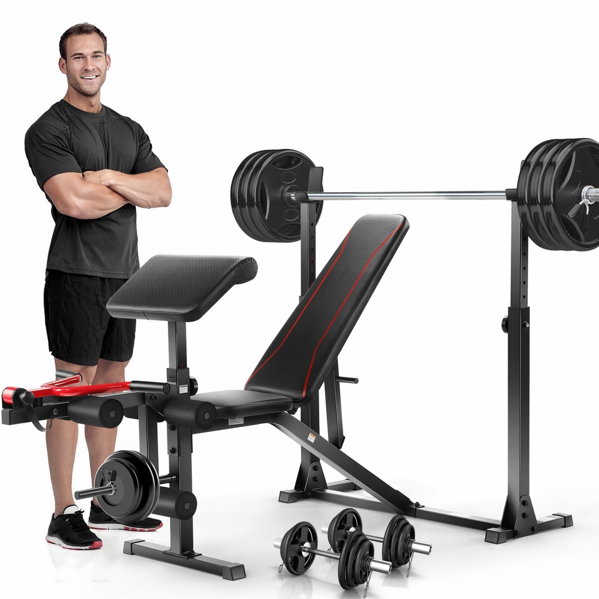 Weight Bench Set Olympic Adjustable With Leg Extension Squat Rack