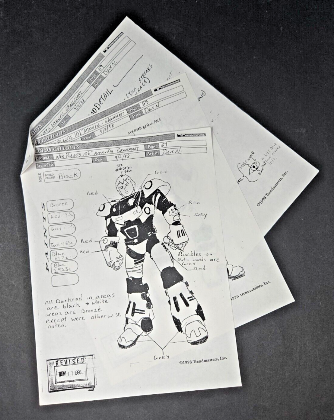Rare 1998 Trendmasters War Planets 10 Inch Graveheart Figure SPEC SHEETS Vintage