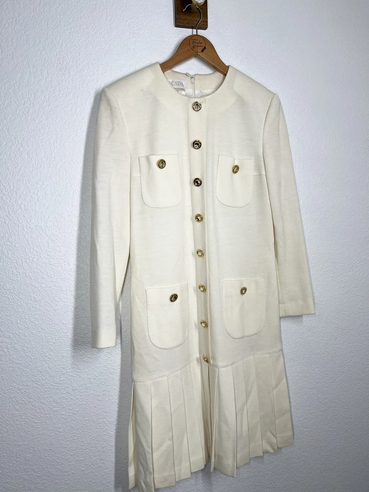 Vintage Escada Wool Dress Size 36 US Small S Ivory Classic Preppy Jeweled Button - Image 3 of 4