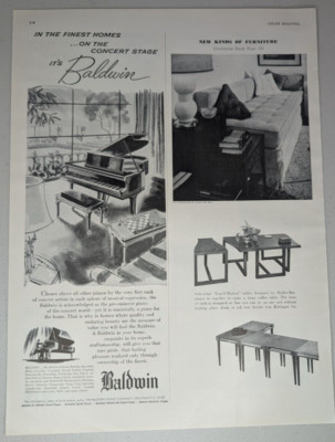 1952 Baldwin Vintage Print Ad Piano Grand Concert Formal Living Room Chess Set