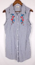 Kori America Size Medium Striped Button-Up Tunic Dress Boho Floral Embroidery