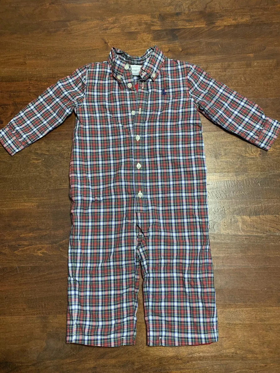 Ralph Lauren Red Green Plaid Dress Shirt Romper Baby Boy 9M