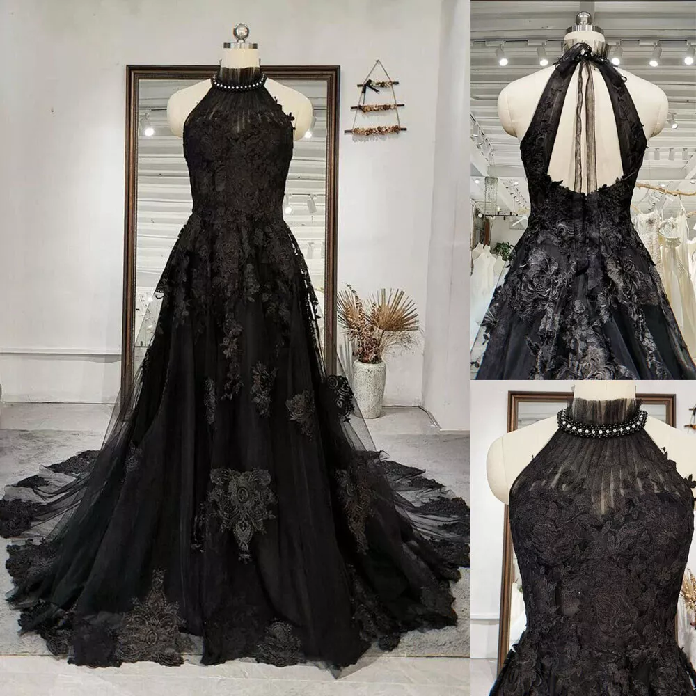 Lace Black Gothic Wedding Dresses Appliques Halter Neck Court Train Bridal  Gowns