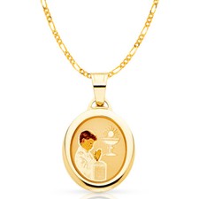 14K Yellow Gold Communion Enamel Picture Boy Charm Pendant with 2mm Figaro 3 1 C