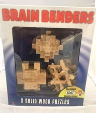 Brain Benders 3 Wood Puzzles, in original box & includes DVD instructions