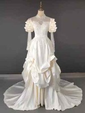 Vintage 1950s Wedding Dresses Long Puff Sleeves Satin Ruffles with Bow Ball Gown