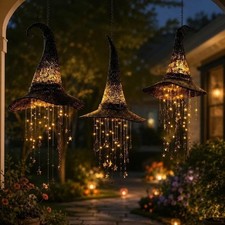 Lighted Witch Hat Hanging Decor, LED Halloween Lantern with Star Chains