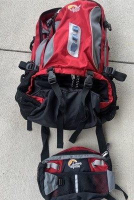 Lowe Alpine Contour 25 Liter Backpack Hiking REI W/ Waist Bag Red/Gray/Black Y2K