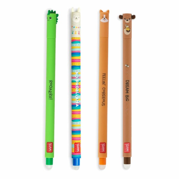 Legami LöSchbare Gelstifte Set, 4-Tlg, Gelschreiber, Dino, TeddybäR, Corgi, Lama-image