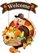 Thanksgiving Turkey Welcome Door Sign Decor, Wooden Wreath for Front Door Hanger
