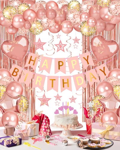 Women Birthday Party Decor, Rose Gold Banner, Confetti, Balloons, Pink