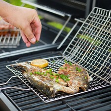 Portable BBQ Grill Basket Stainless Steel Fish Grill Basket with Wooden Handle