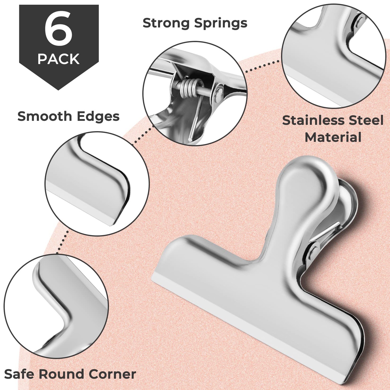 6 Pack Stainless Steel Chip Bag Clips for Food Bags Airtight Seal Snack Clips
