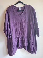 Match Point La Fixsun 100% Linen Round Neck Tunic Top Eggplant M Lagenlook USA 