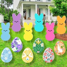 12 PCS Easter Yard Signs Decorations Outdoor - Colorful Floral Easter Bunny E...