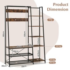 Rustic Brown Hall Tree with Storage Bench, 9 Hooks, and 5 Shelves (118x40x180cm)