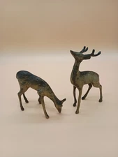 Vintage Mid Century Solid Brass Buck And Doe Deer Stag Figurines Christmas READ