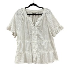 Wonderly Womens XL White Cotton Swiss Dot Dobby Stripe Tiered Ruffle Blouse Top