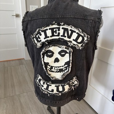 Misfits Fiend Club Denim Vest Men s XL Black Punk Rock Band Frayed Sleeve Jacket